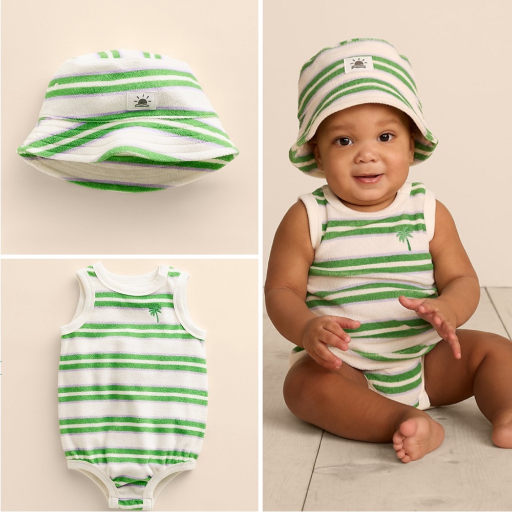 💚👶Little Co By Lauren Conrad Organic Cotton Terry Bubble Bodysuit & Hat, 6 Mos